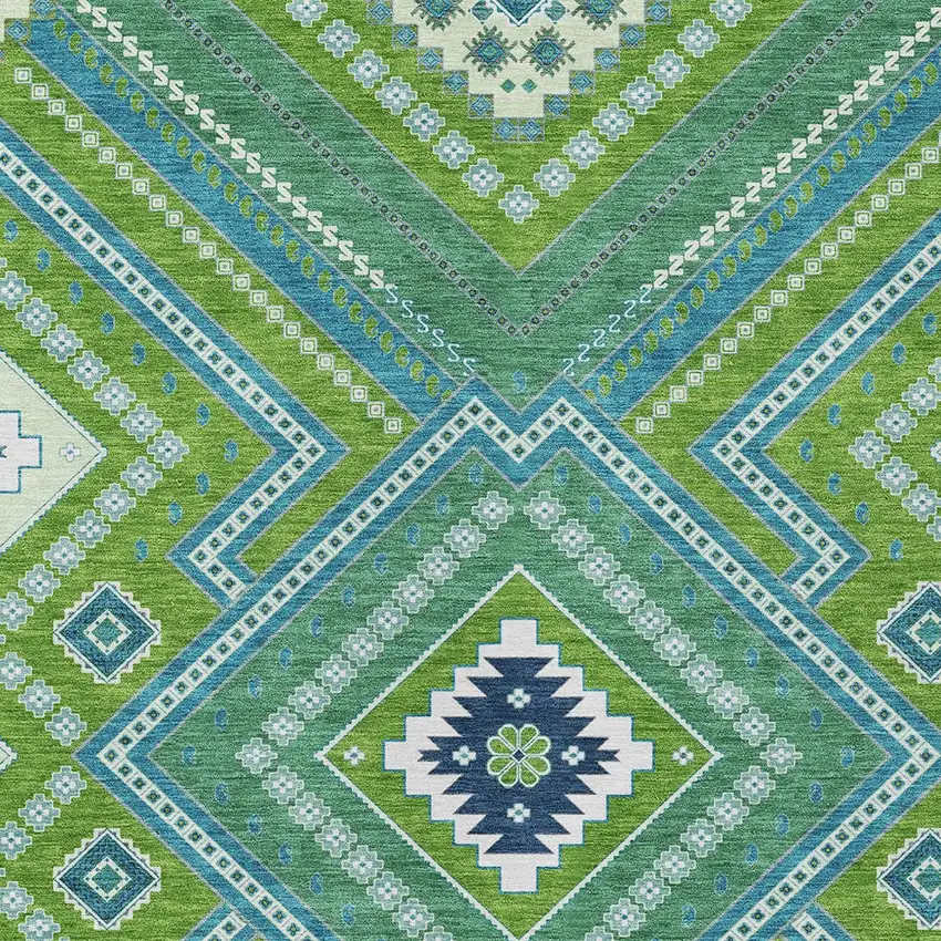 Lime Green Aqua And Ivory Tribal Washable Indoor Outdoor Area Rug Photo 5