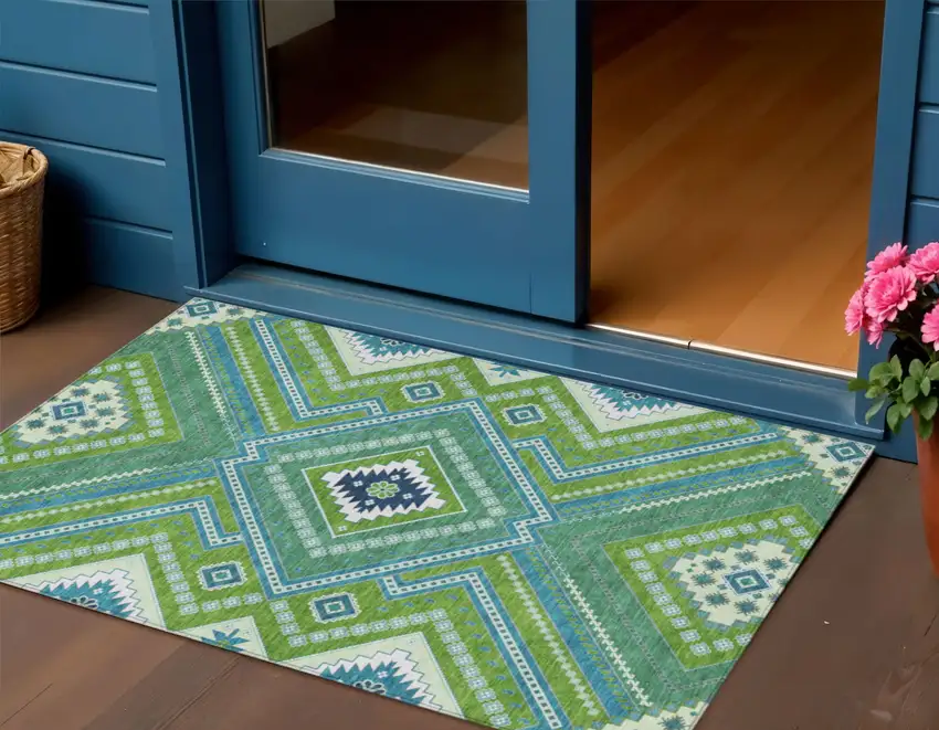 Lime Green Aqua And Ivory Tribal Washable Indoor Outdoor Area Rug Photo 1