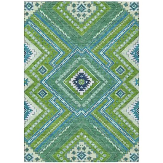 Lime Green Aqua And Ivory Tribal Washable Indoor Outdoor Area Rug Photo 2