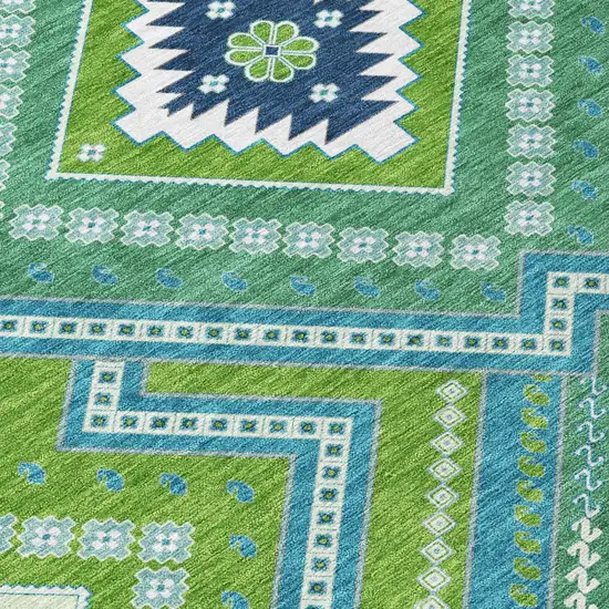 Lime Green Aqua And Ivory Tribal Washable Indoor Outdoor Area Rug Photo 4