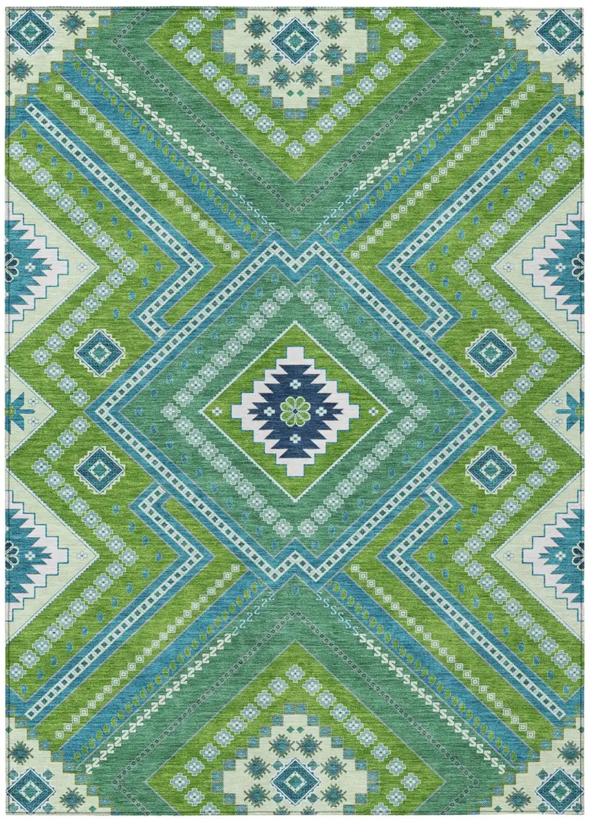 Lime Green Aqua And Ivory Tribal Washable Indoor Outdoor Area Rug Photo 2