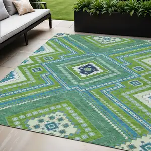 Photo of Lime Green Aqua And Ivory Tribal Washable Indoor Outdoor Area Rug