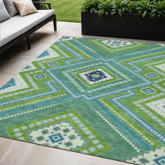 Lime Green Aqua And Ivory Tribal Washable Indoor Outdoor Area Rug Photo 1