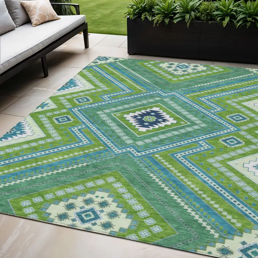 Lime Green Aqua And Ivory Tribal Washable Indoor Outdoor Area Rug Photo 1
