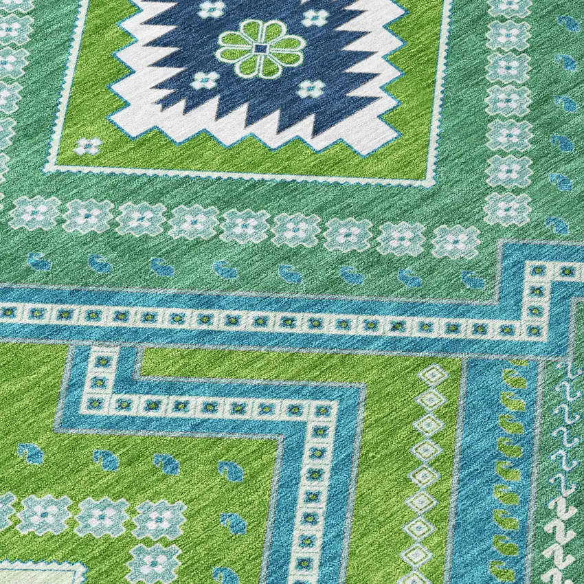 Lime Green Aqua And Ivory Tribal Washable Indoor Outdoor Area Rug Photo 6