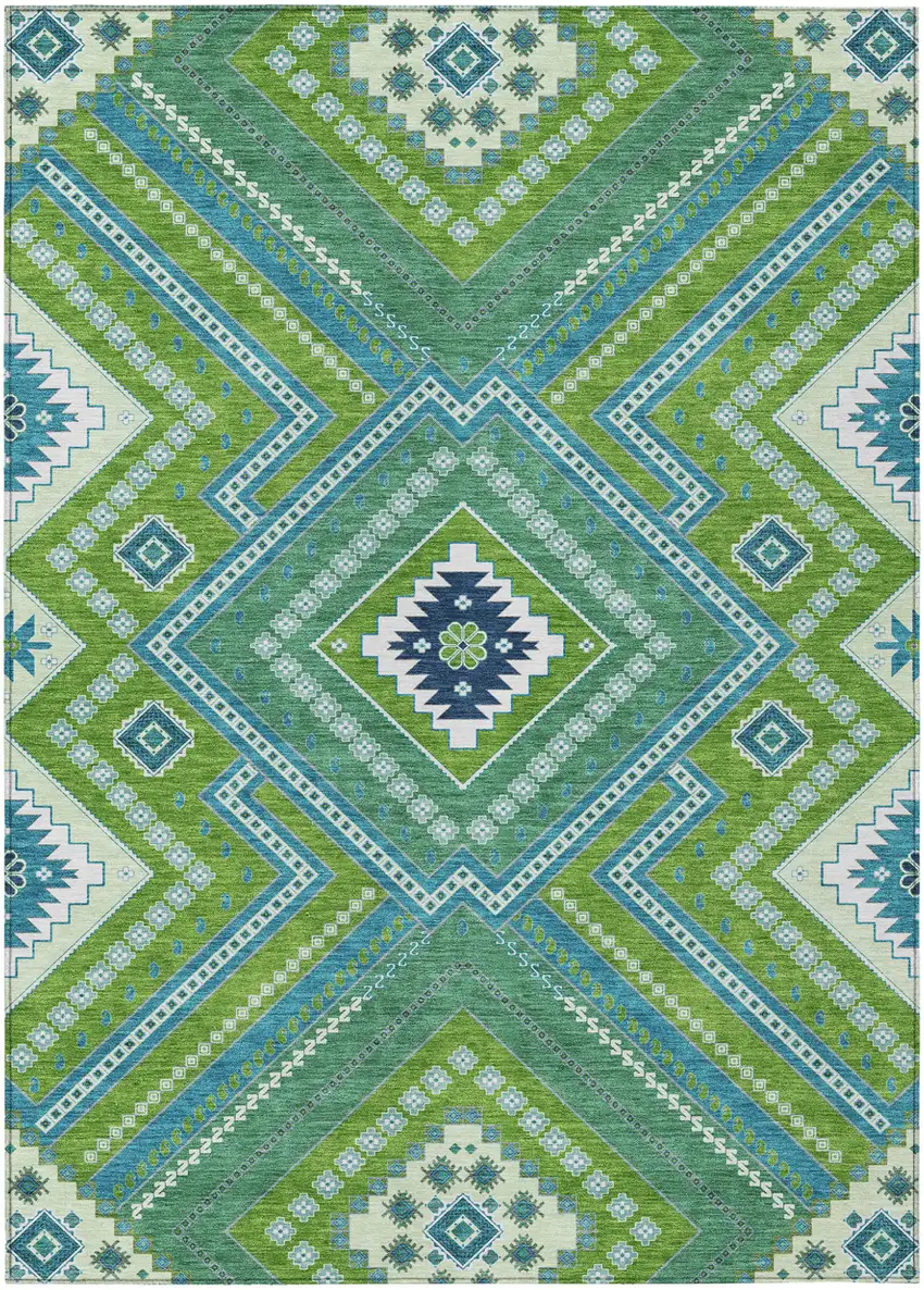 Lime Green Aqua And Ivory Tribal Washable Indoor Outdoor Area Rug Photo 2