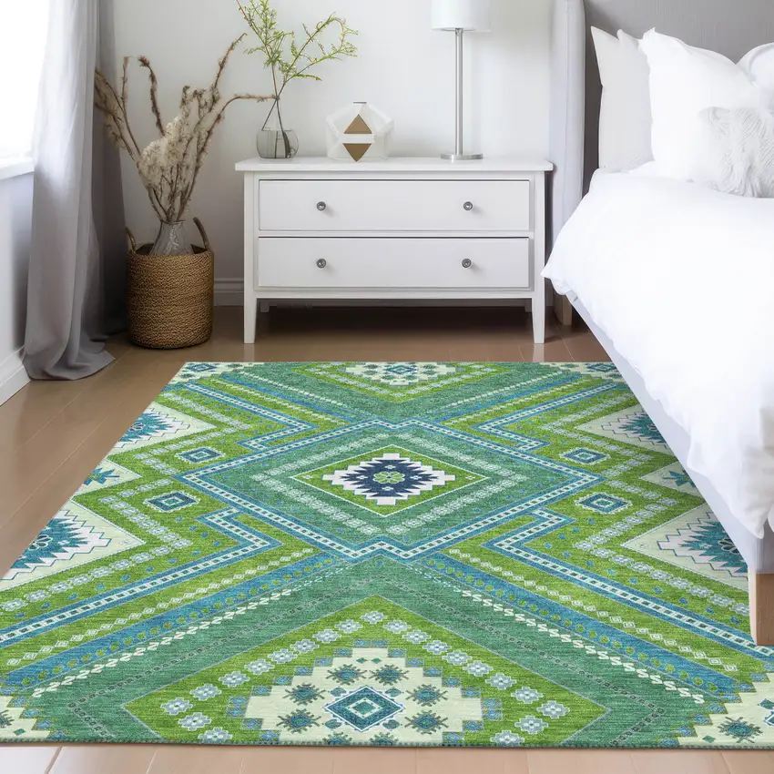 Lime Green Aqua And Ivory Tribal Washable Indoor Outdoor Area Rug Photo 9