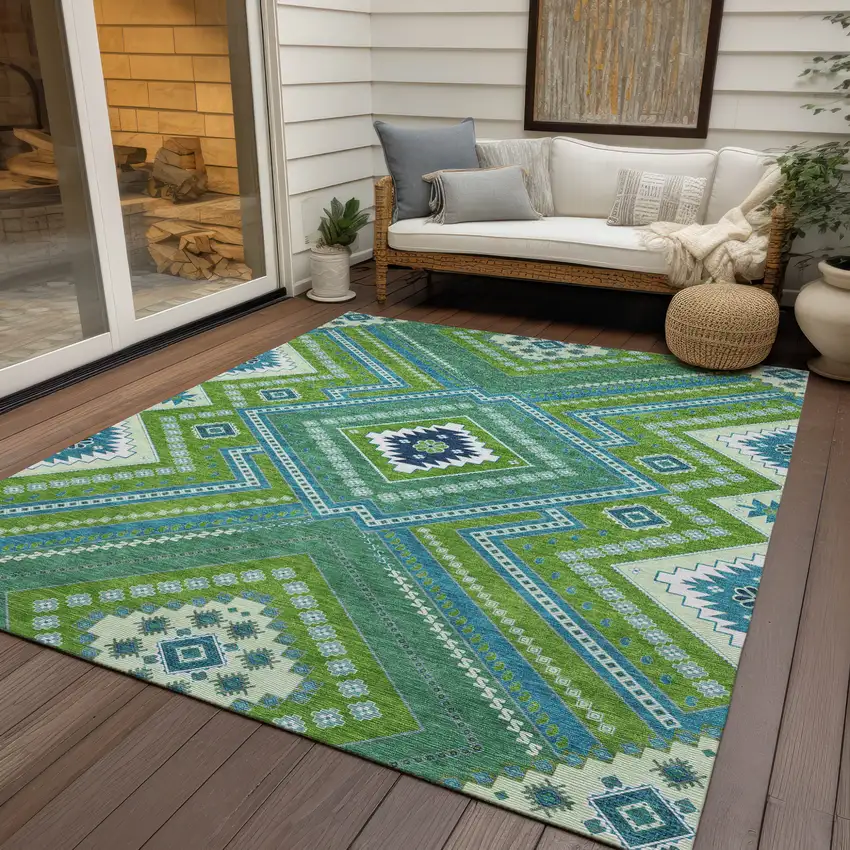 Lime Green Aqua And Ivory Tribal Washable Indoor Outdoor Area Rug Photo 8