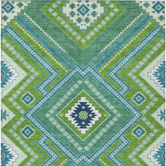 Lime Green Aqua And Ivory Tribal Washable Indoor Outdoor Area Rug Photo 7