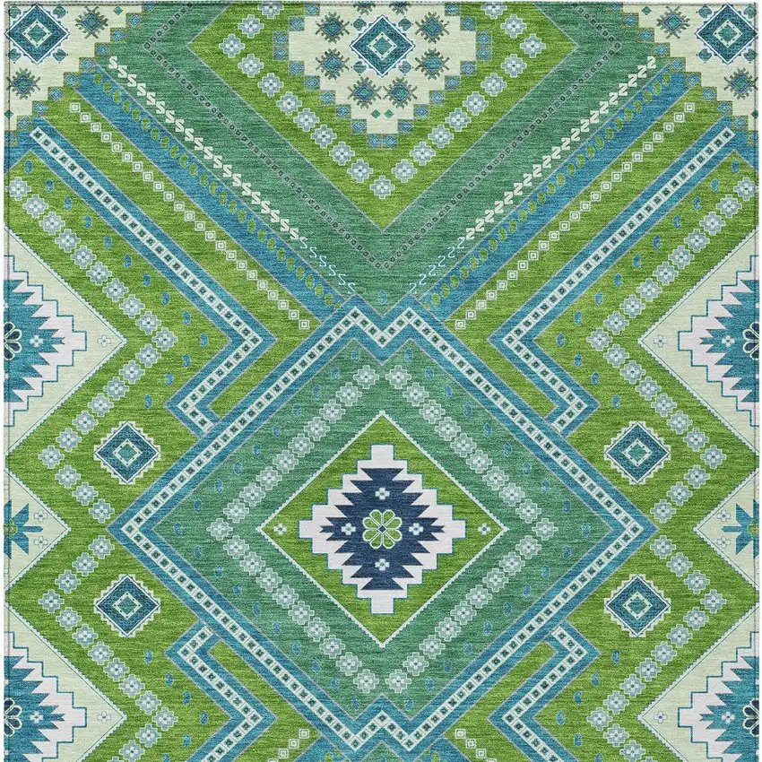 Lime Green Aqua And Ivory Tribal Washable Indoor Outdoor Area Rug Photo 7