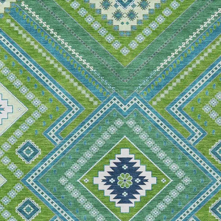 Lime Green Aqua And Ivory Tribal Washable Indoor Outdoor Area Rug Photo 5