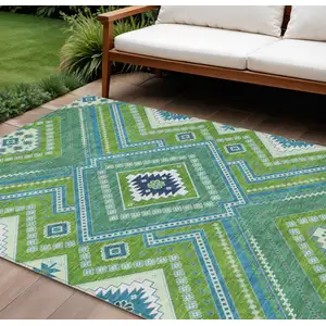 Photo of Lime Green Aqua And Ivory Tribal Washable Indoor Outdoor Area Rug