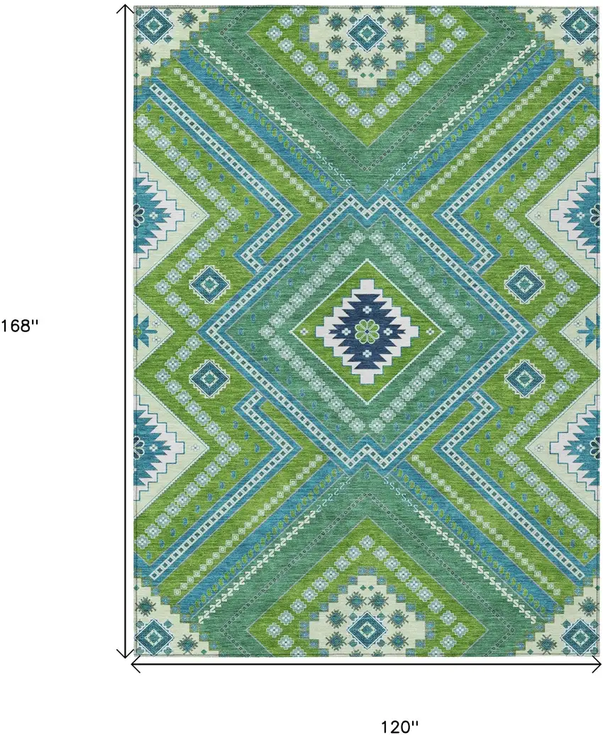 Lime Green Aqua And Ivory Tribal Washable Indoor Outdoor Area Rug Photo 3