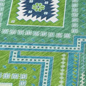 Photo of Lime Green Aqua And Ivory Tribal Washable Indoor Outdoor Area Rug