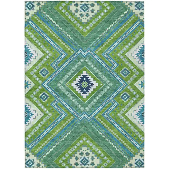 Lime Green Aqua And Ivory Tribal Washable Indoor Outdoor Area Rug Photo 2