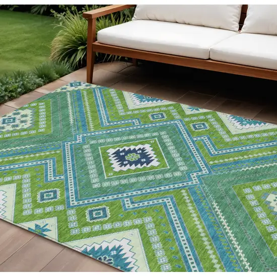 Lime Green Aqua And Ivory Tribal Washable Indoor Outdoor Area Rug Photo 1