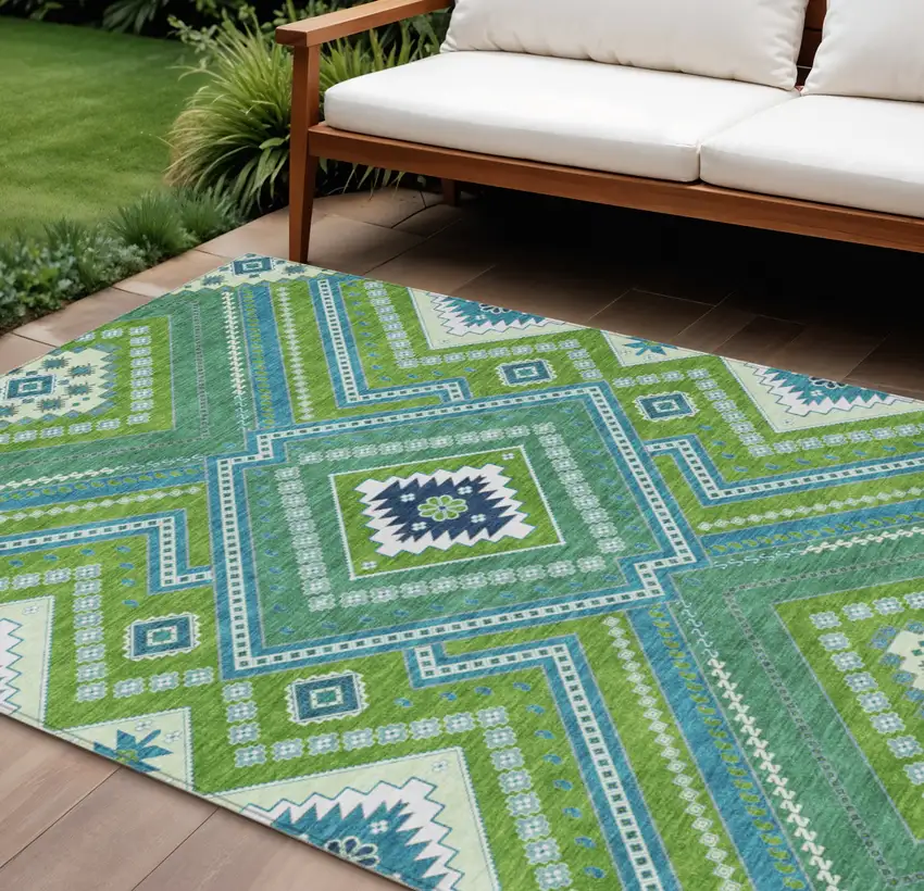 Lime Green Aqua And Ivory Tribal Washable Indoor Outdoor Area Rug Photo 1