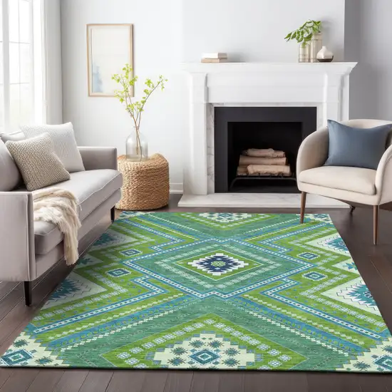 Lime Green Aqua And Ivory Tribal Washable Indoor Outdoor Area Rug Photo 9