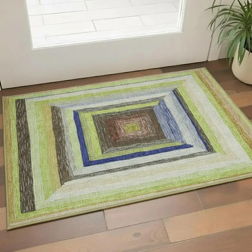 Lime Green Blue And Brown Geometric Washable Area Rug With UV Protection Photo 2