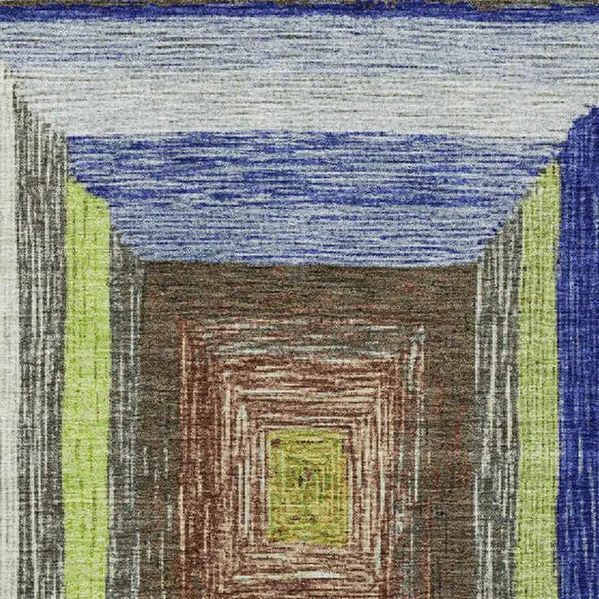 Lime Green Blue And Brown Geometric Washable Area Rug With UV Protection Photo 3