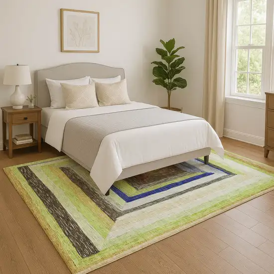 Lime Green Blue And Brown Geometric Washable Area Rug With UV Protection Photo 5