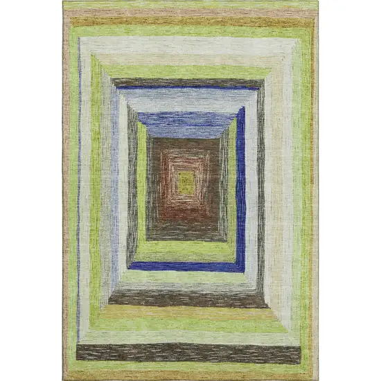 Lime Green Blue And Brown Geometric Washable Area Rug With UV Protection Photo 1