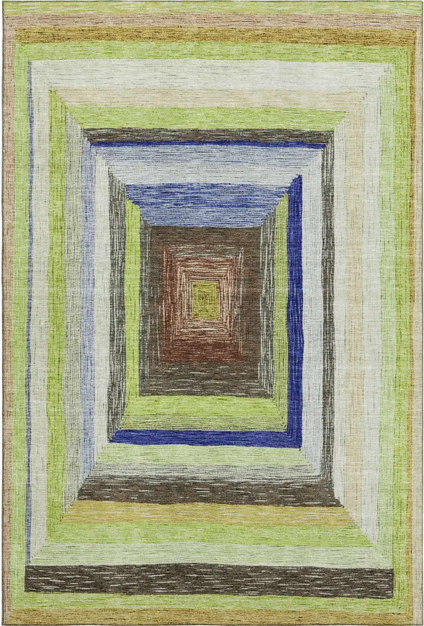 Lime Green Blue And Brown Geometric Washable Area Rug With UV Protection Photo 1