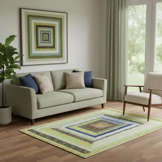 Lime Green Blue And Brown Geometric Washable Area Rug With UV Protection Photo 2