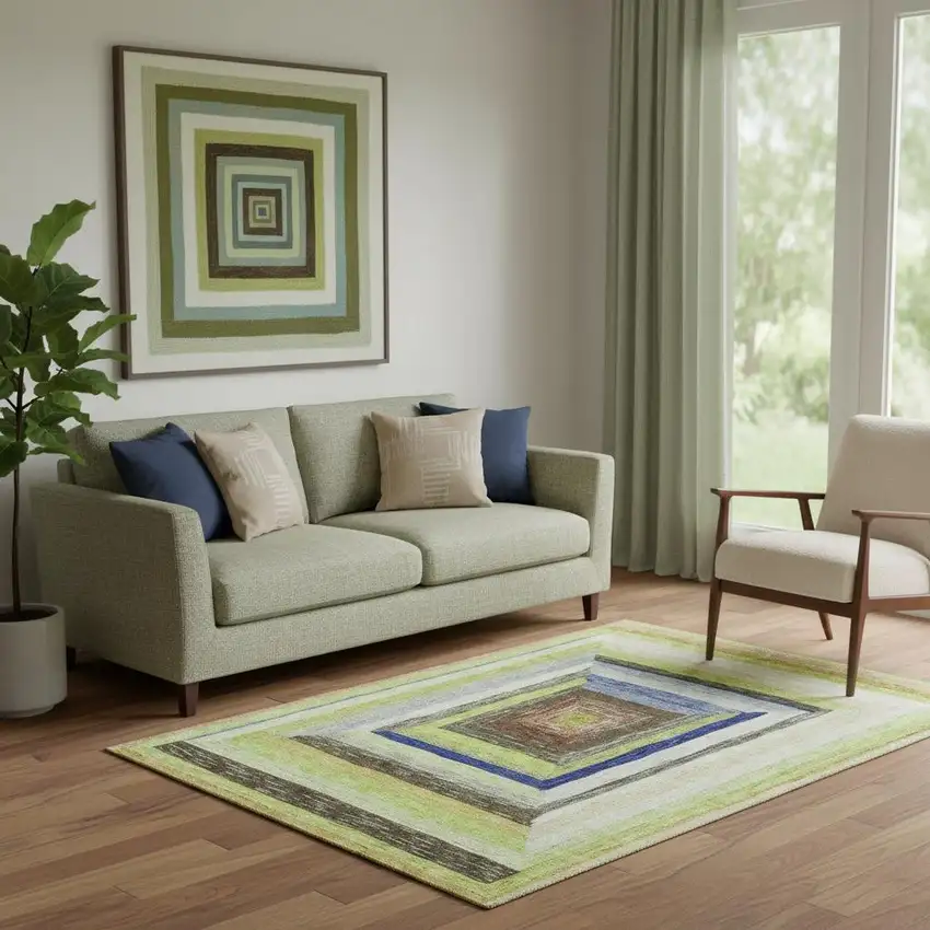 Lime Green Blue And Brown Geometric Washable Area Rug With UV Protection Photo 2