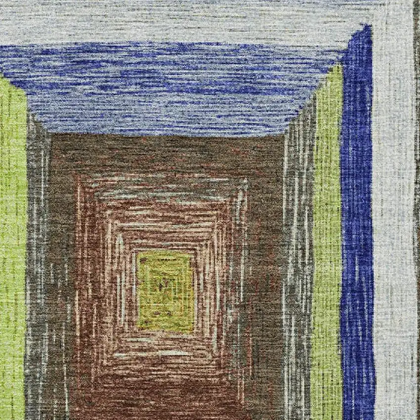 Lime Green Blue And Brown Geometric Washable Area Rug With UV Protection Photo 3