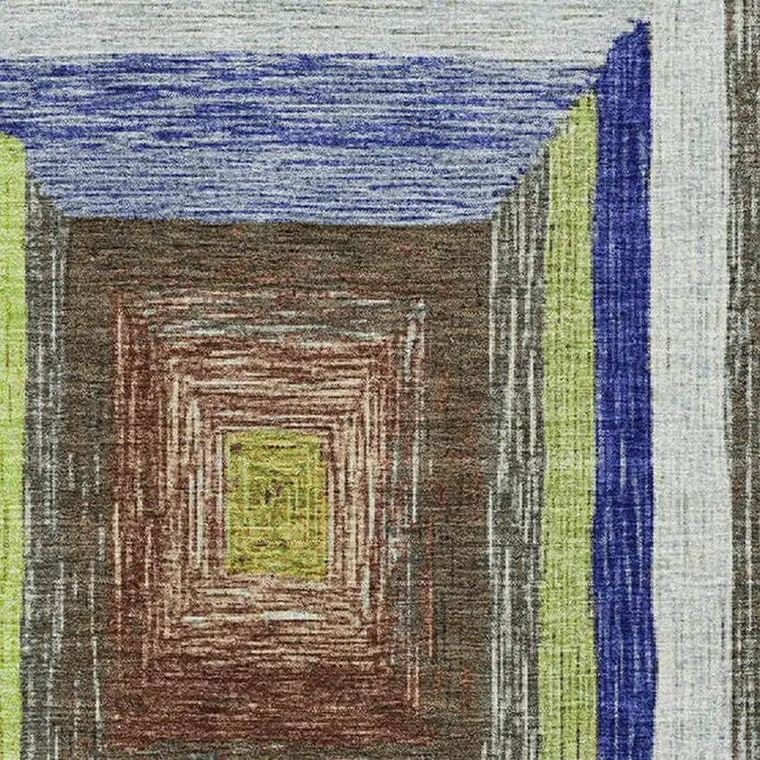 Lime Green Blue And Brown Geometric Washable Area Rug With UV Protection Photo 3