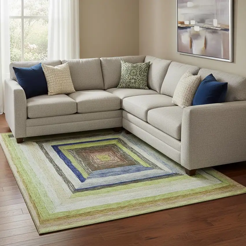Lime Green Blue And Brown Geometric Washable Area Rug With UV Protection Photo 2