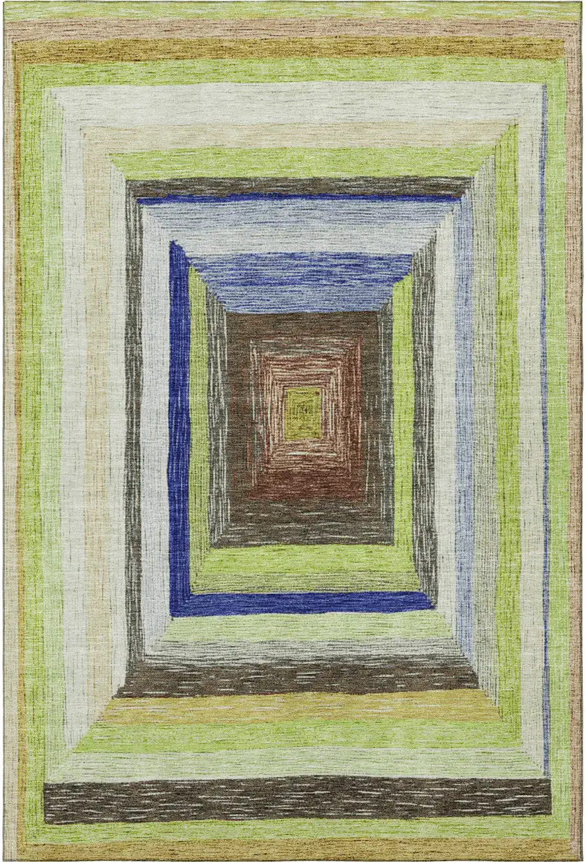 Lime Green Blue And Brown Geometric Washable Area Rug With UV Protection Photo 4