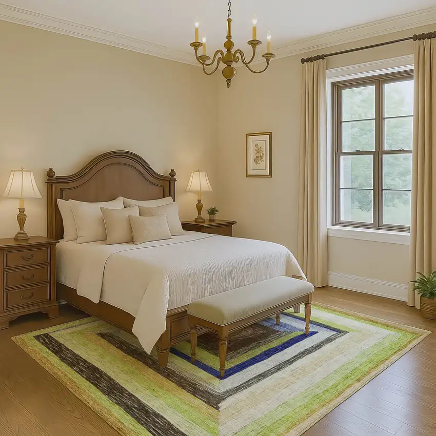 Lime Green Blue And Brown Geometric Washable Area Rug With UV Protection Photo 6