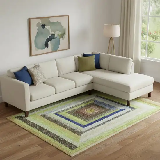 Lime Green Blue And Brown Geometric Washable Area Rug With UV Protection Photo 2