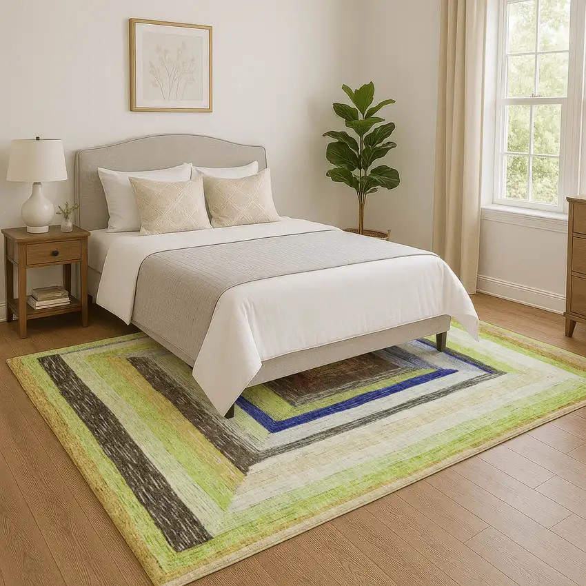 Lime Green Blue And Brown Geometric Washable Area Rug With UV Protection Photo 5