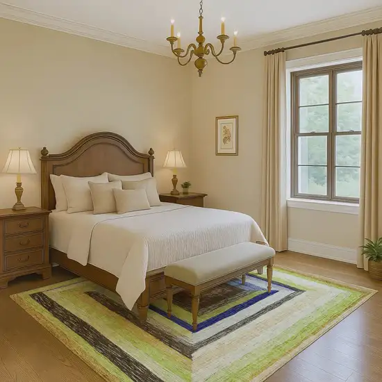 Lime Green Blue And Brown Geometric Washable Area Rug With UV Protection Photo 6