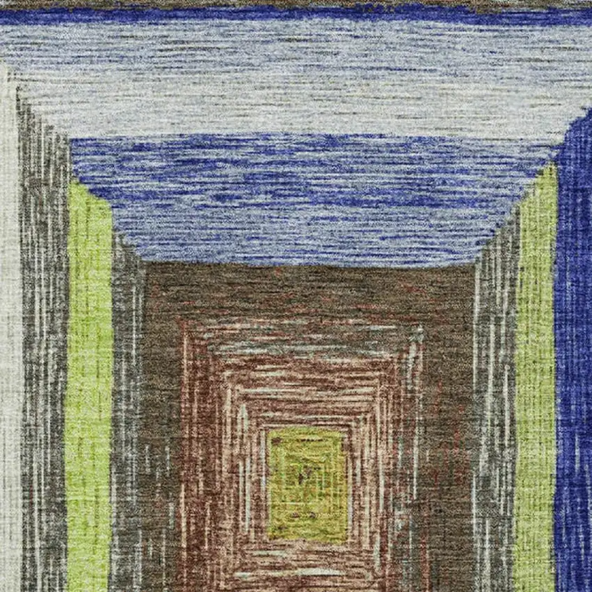 Lime Green Blue And Brown Geometric Washable Area Rug With UV Protection Photo 3
