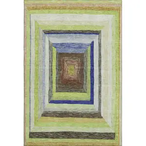 Photo of Lime Green Blue And Brown Geometric Washable Area Rug With UV Protection