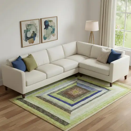 Lime Green Blue And Brown Geometric Washable Area Rug With UV Protection Photo 2