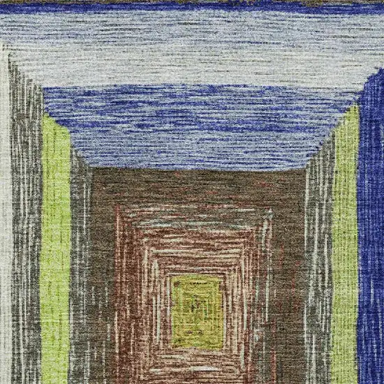 Lime Green Blue And Brown Geometric Washable Area Rug With UV Protection Photo 3