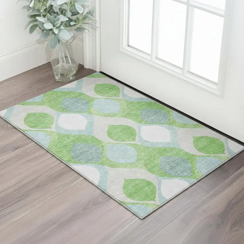 Lime Green Blue And Ivory Ogee Washable Area Rug With UV Protection Photo 2