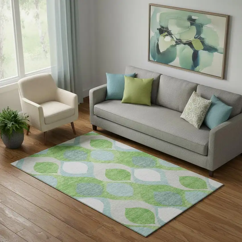 Lime Green Blue And Ivory Ogee Washable Area Rug With UV Protection Photo 1