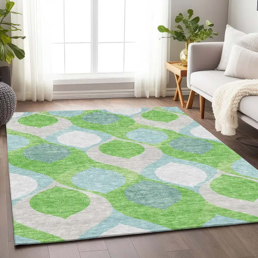 Lime Green Blue And Ivory Ogee Washable Area Rug With UV Protection Photo 5