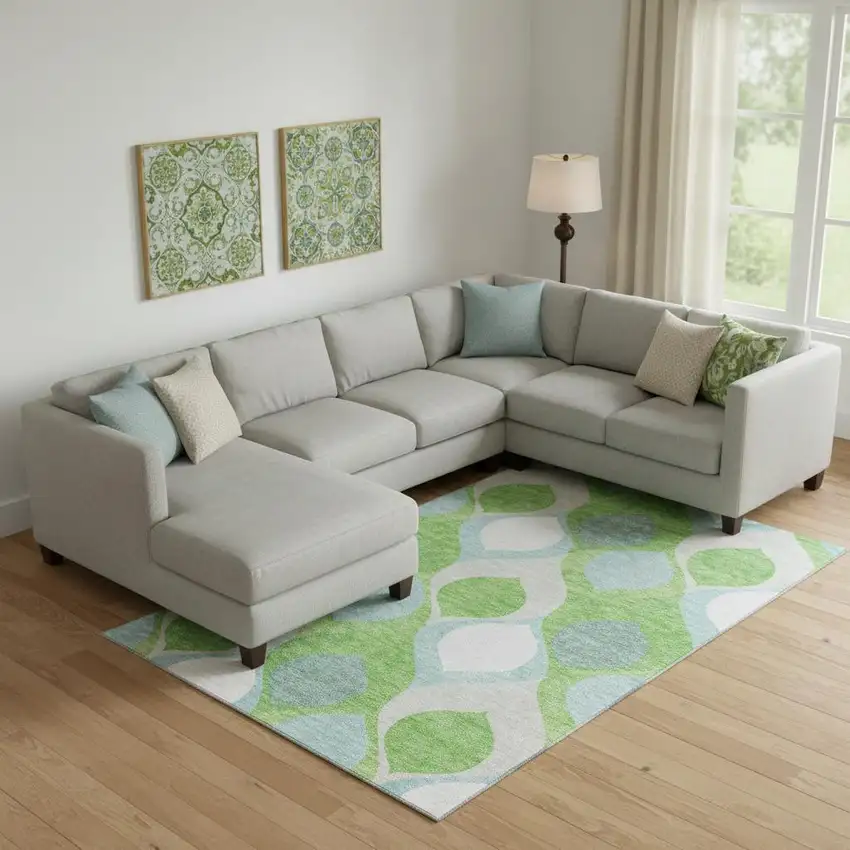 Lime Green Blue And Ivory Ogee Washable Area Rug With UV Protection Photo 1