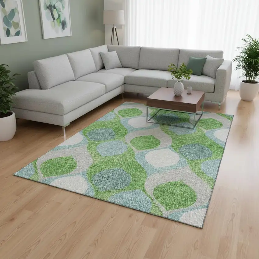 Lime Green Blue And Ivory Ogee Washable Area Rug With UV Protection Photo 2