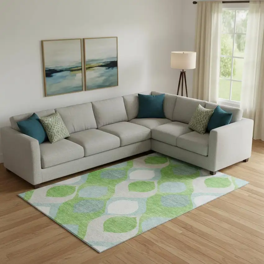 Lime Green Blue And Ivory Ogee Washable Area Rug With UV Protection Photo 1