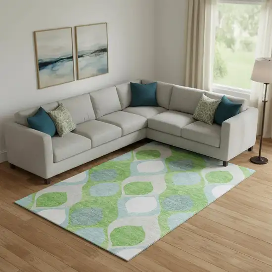 Lime Green Blue And Ivory Ogee Washable Area Rug With UV Protection Photo 1