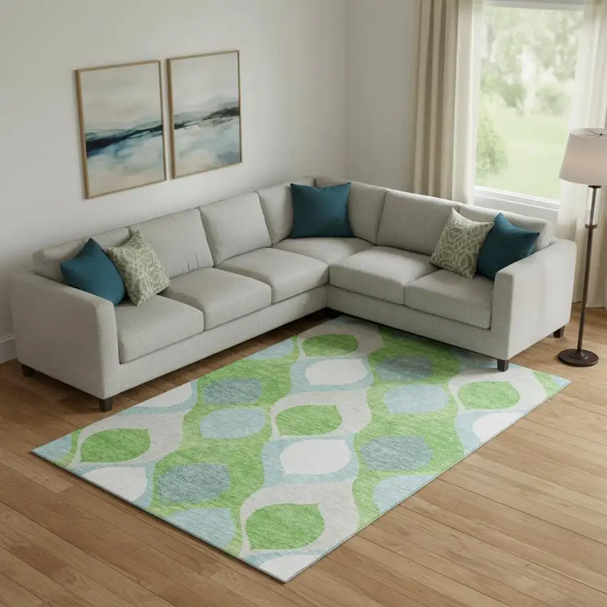 Lime Green Blue And Ivory Ogee Washable Area Rug With UV Protection Photo 1