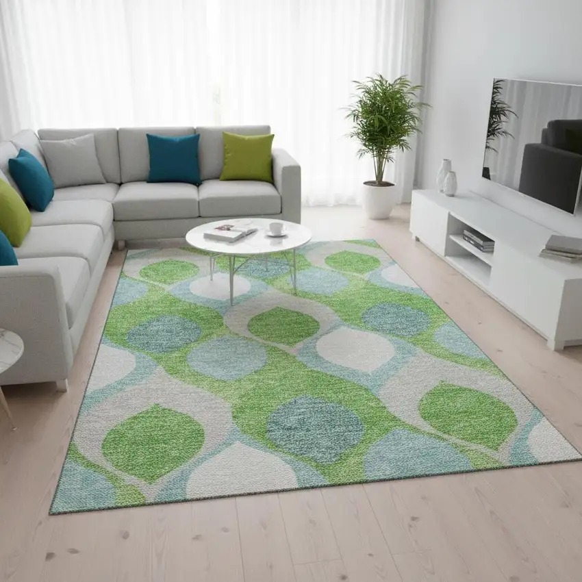Lime Green Blue And Ivory Ogee Washable Area Rug With UV Protection Photo 2